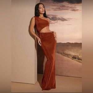 Elegant Rust Asymmetrical One-Shoulder Drapey Cut-Out Gown